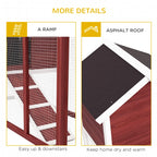 Rabbit hutch detail: ramp and asphalt-style roof, maroon frame, white trim, mesh sides