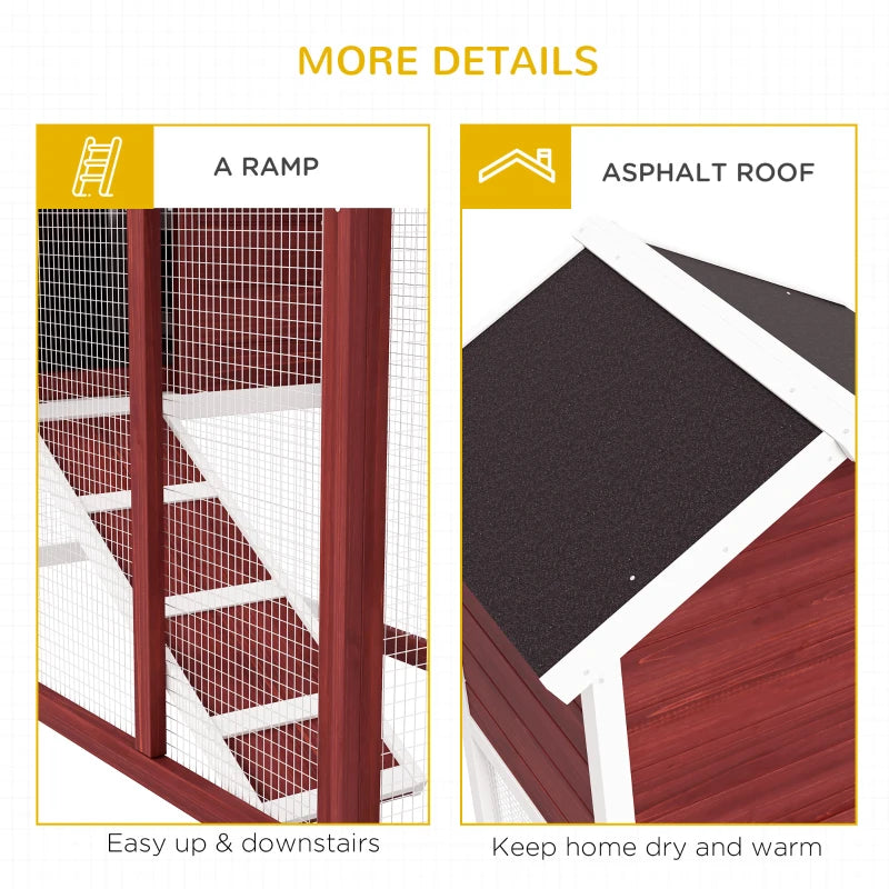 Rabbit hutch detail: ramp and asphalt-style roof, maroon frame, white trim, mesh sides