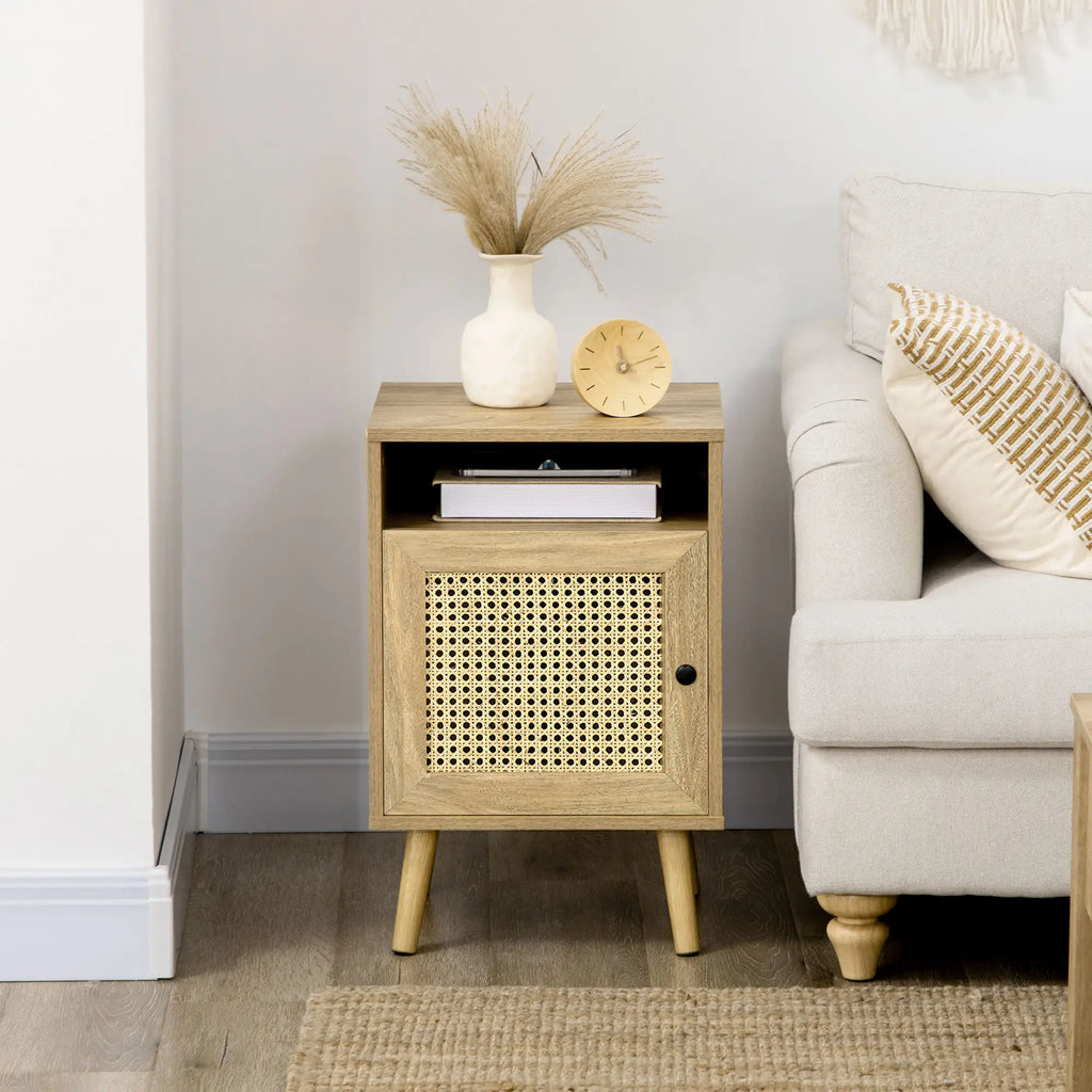 Homcom Bedside Table with Rattan Element, Side End Table with Shelf and Cupboard, 39cmx35cmx60cm, Set of 2, Natural