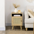 Homcom Bedside Table with Rattan Element, Side End Table with Shelf and Cupboard, 39cmx35cmx60cm, Set of 2, Natural