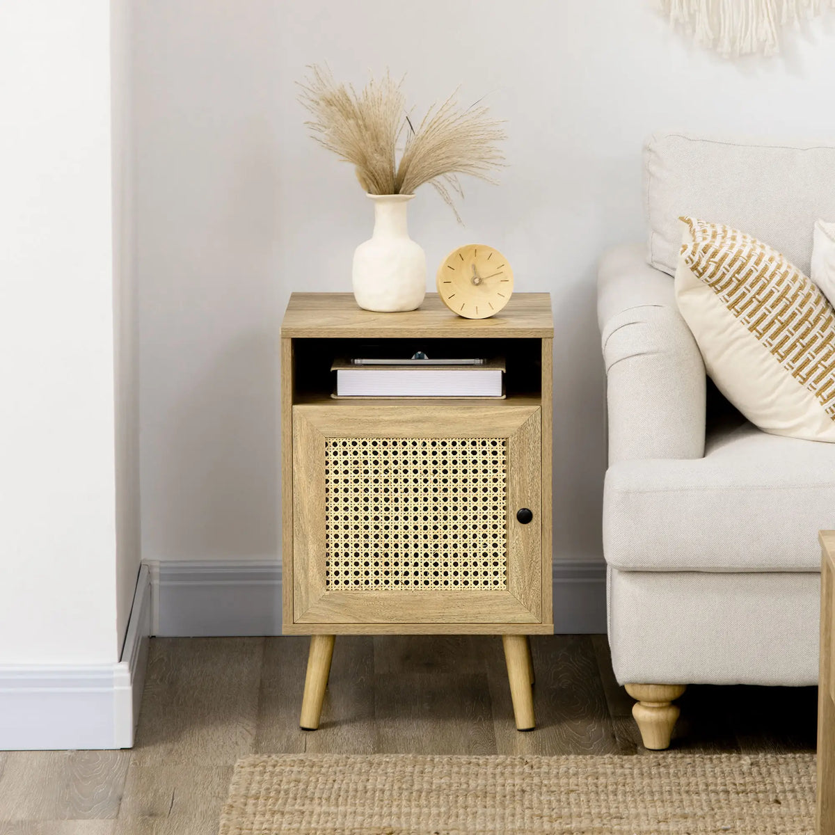 Homcom Bedside Table with Rattan Element, Side End Table with Shelf and Cupboard, 39cmx35cmx60cm, Set of 2, Natural