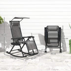 Grey folding rocking recliner chair with headrest, shown front and side views
