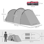 Dark grey tunnel tent shown with printed size dimensions and floor layout