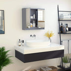 Grey wall mirror cabinet above sink with open doors showing shelves