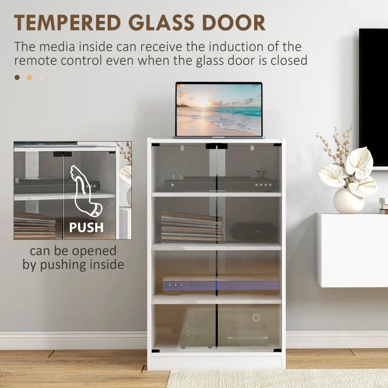 White hi-fi stand with tempered clear glass door shown open with push-to-open style