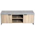 TV stand with grey concrete-look top, light wood two-door front, open middle bay