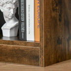Rustic brown bookcase corner with framed side panel and open lower shelf