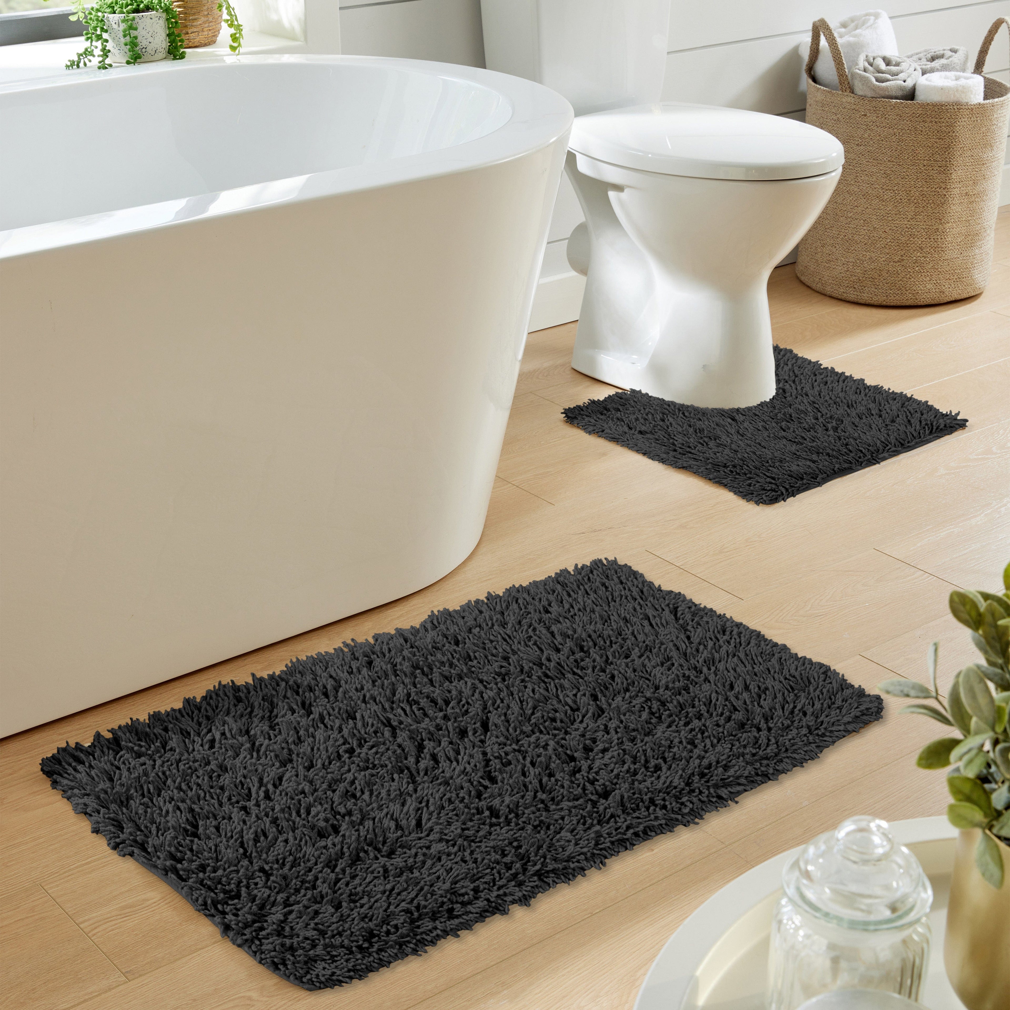 Como 2 Piece Black Bath Mat & Pedestal Set Non-Slip Super Absorbent Cotton Bathroom Mats