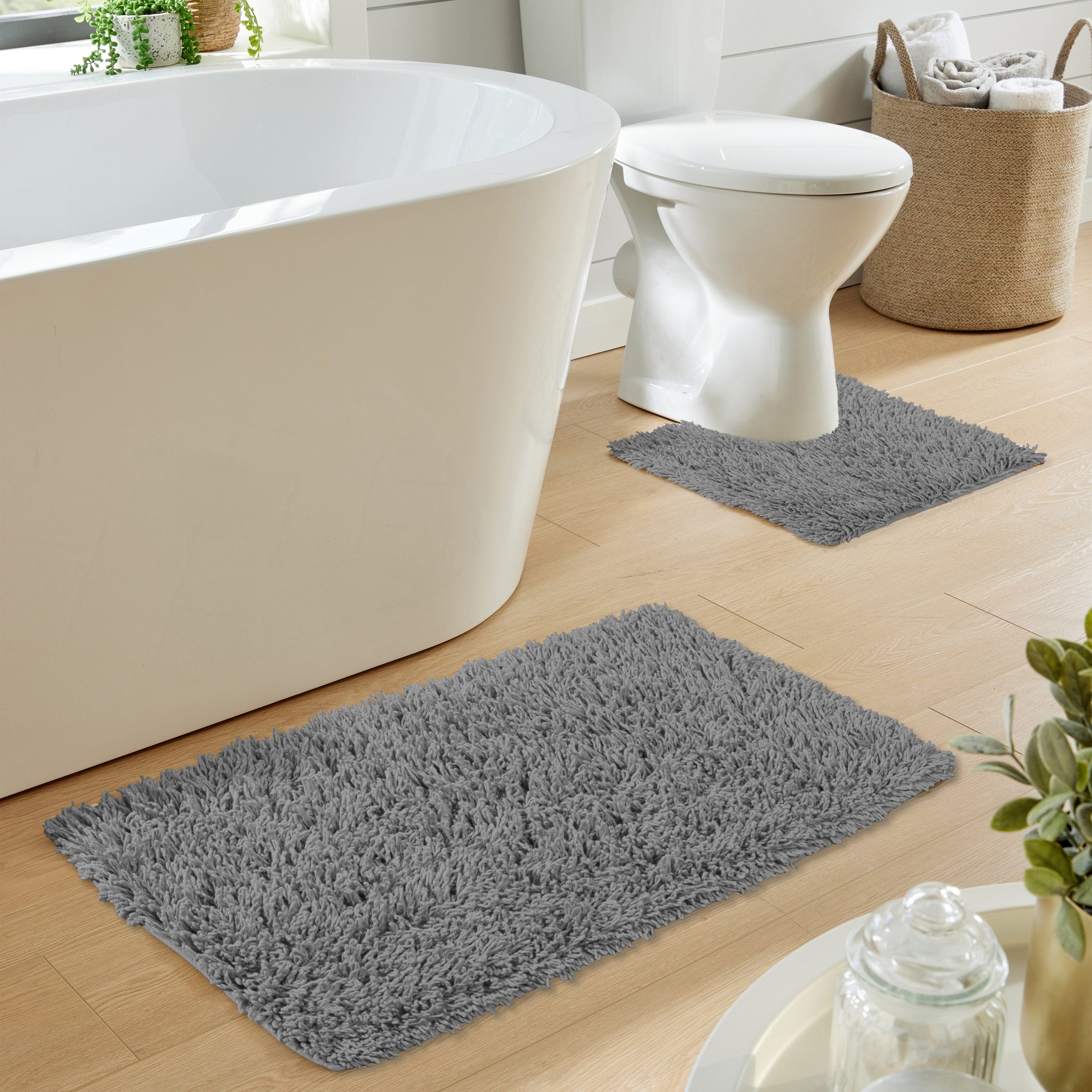 Como 2 Piece Grey Bath Mat & Pedestal Set Non-Slip Super Absorbent Cotton Bathroom Mats