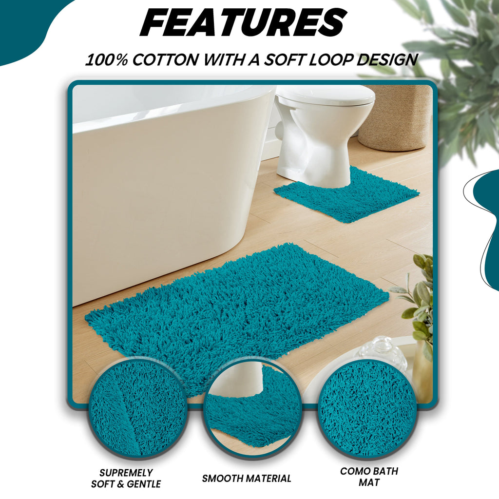 Como 2 Piece Teal Bath Mat & Pedestal Set Non-Slip Super Absorbent Cotton Bathroom Mats