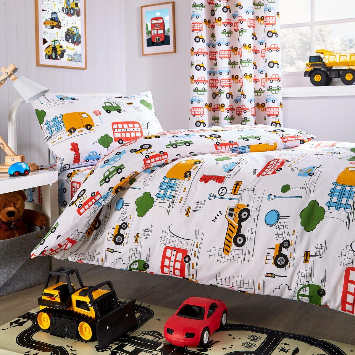 Construction Vehicle Vibrant Kids Duvet Set with Matching Pillowcase Optional Curtains Cotton Blend Bedding for Boys Bedrooms