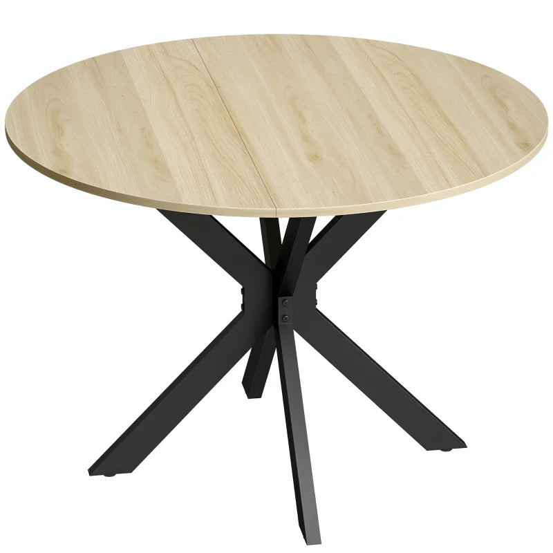 Natural wood round dining table with black X-shaped steel legs