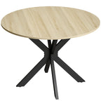Natural wood round dining table with black X-shaped steel legs