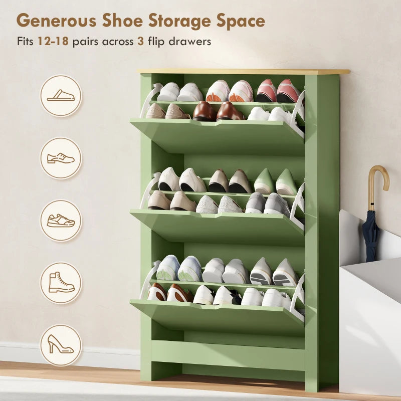 Green shoe cabinet with three open tiers, storing multiple pairs of shoes