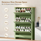 Green shoe cabinet with three open tiers, storing multiple pairs of shoes