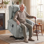 Grey electric recliner chair with side pockets, USB port, and extended legrest