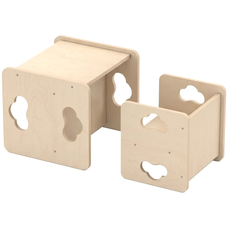 Natural wood toddler table with matching chair, cutout shapes, Montessori-style set