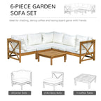 Six-piece patio sofa set with white cushions and square wooden coffee table