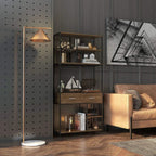Industrial display shelf with drawers, brown wood storage cabinet style and black metal frame.