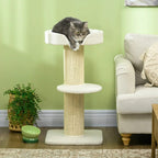 Cream 2-tier sisal cat tree with sherpa perches; gray cat resting on top cushion