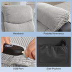 Light grey corduroy power recliner with headrest, padded armrests, USB port, side pockets