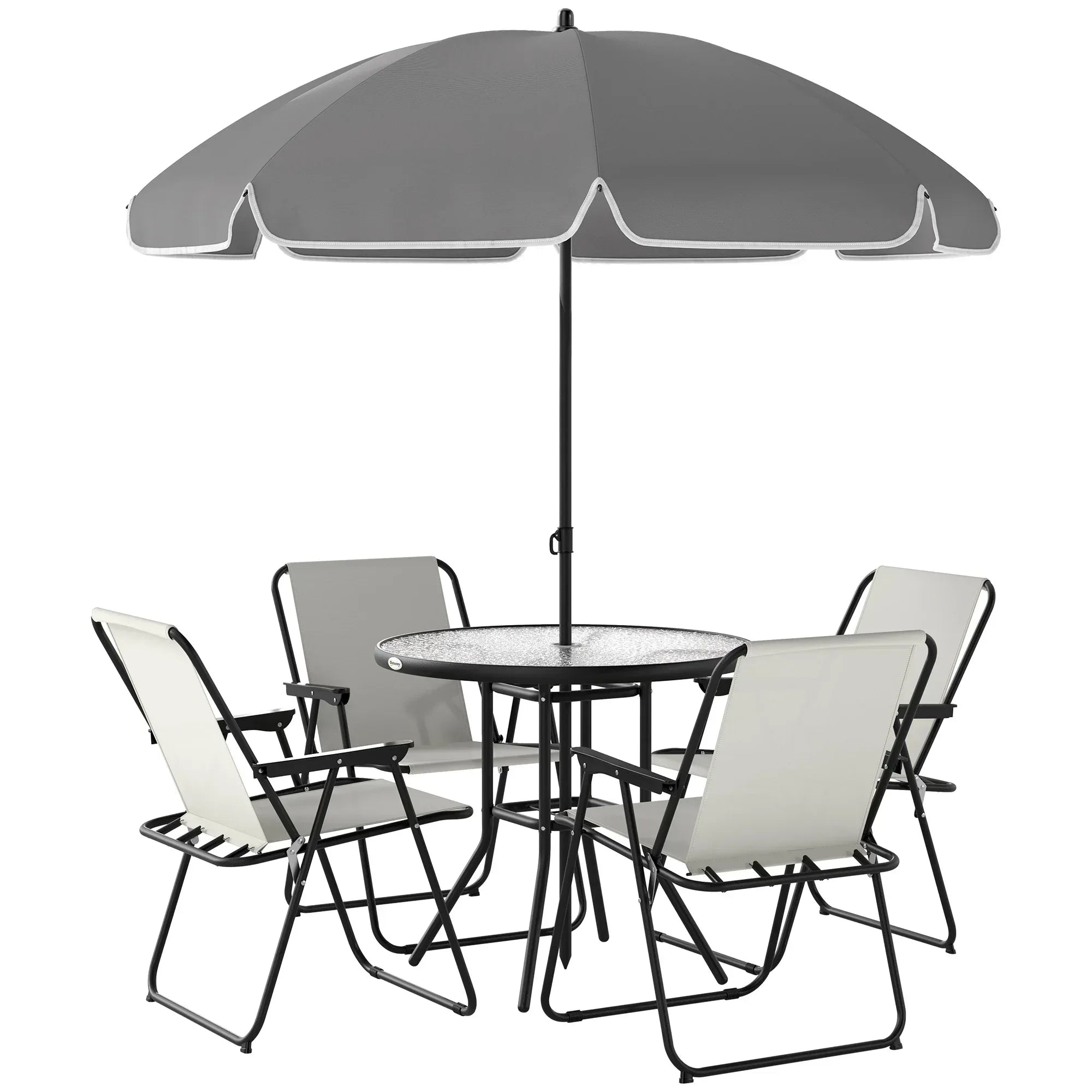4 Seater Garden Furniture Set, 6 Pieces Garden Table and Chairs with Parasol, Outdoor Garden Dining Set with Folding Chairs and Round Glass Top Table for Patio, Cream White - Bobobiy