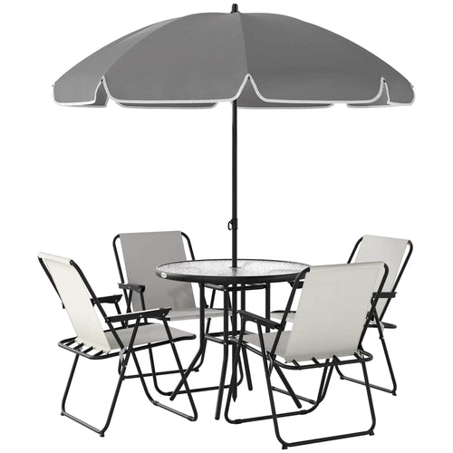 Cream outdoor dining set with round glass table, parasol, and four folding chairs