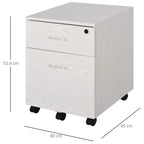 White woodgrain 2-drawer filing cabinet with lock on top and caster wheels