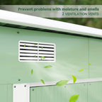 Light green metal storage shed with ventilation vent panel near roof edge