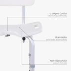 White bath stool chair detail: contoured seat, drain holes, and non-slip surface
