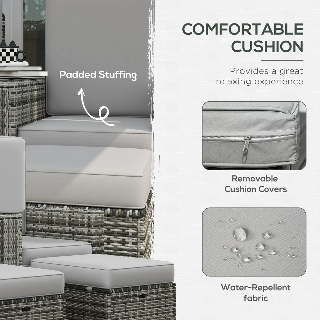 Rattan Sun Lounger w/ Storage Tea Table & Footstools, Grey - Bobobiy