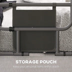 Black storage pouch attached to a gray bed assist rail frame with front panel.