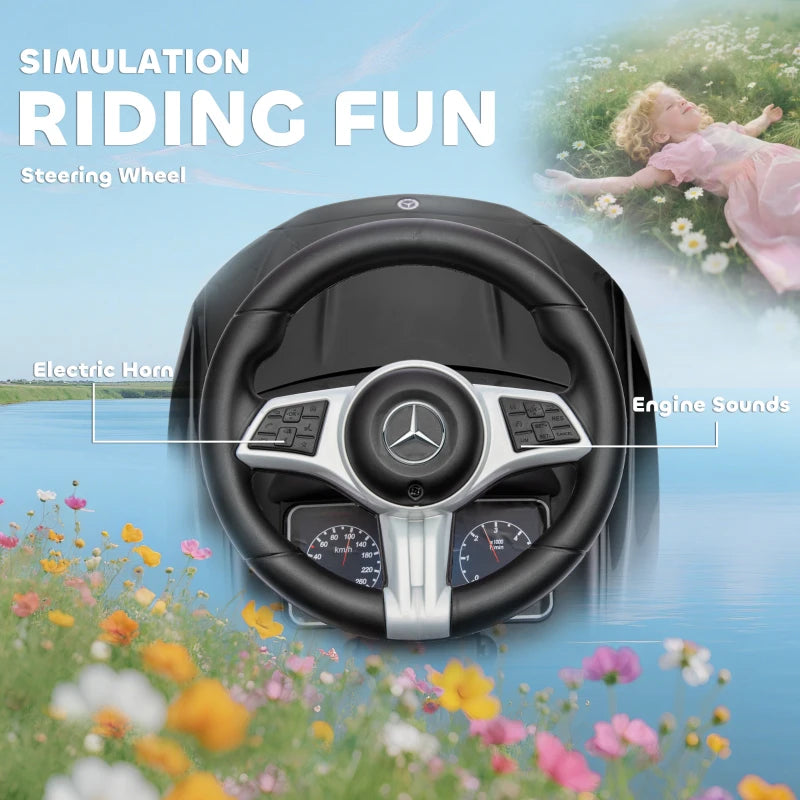 Black steering wheel dashboard with Mercedes emblem for ride-on push car