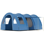 Blue 5-6 person tunnel camping tent with two rooms and multiple entrances