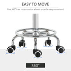 Black round padded stool seat on chrome swivel base with five 360° caster wheels