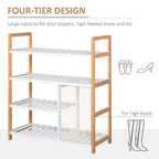 Four-tier shoe rack with open slatted design, natural wood frame and white shelves