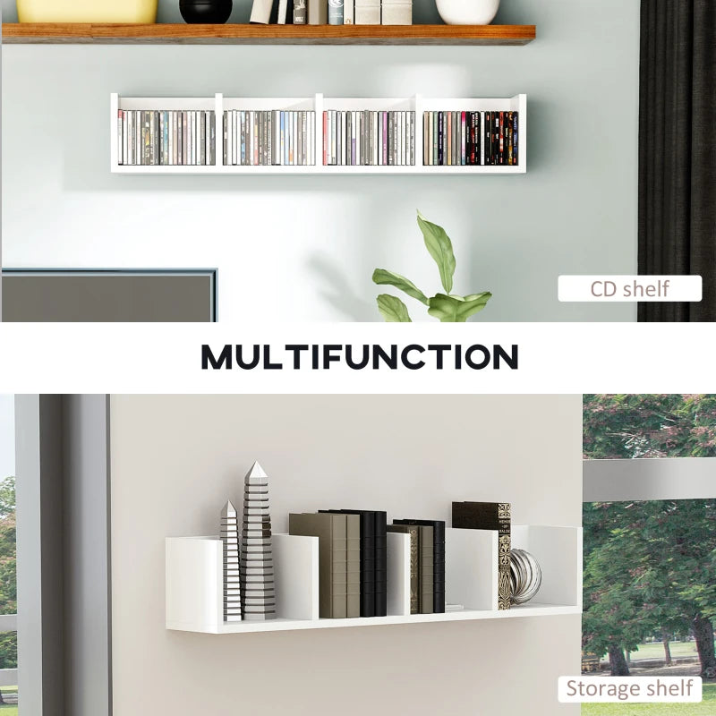 White wall-mounted media organizer shelf with display cubbies for CDs and storage