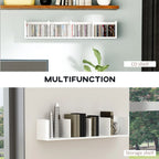 White wall-mounted media organizer shelf with display cubbies for CDs and storage