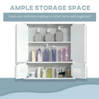 White bathroom mirror cabinet with doors open, interior shelves holding bottles and toiletries