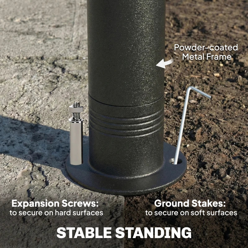 Powder-coated metal gazebo frame pole base with ground stakes and expansion screws