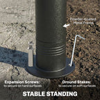 Powder-coated metal gazebo frame pole base with ground stakes and expansion screws