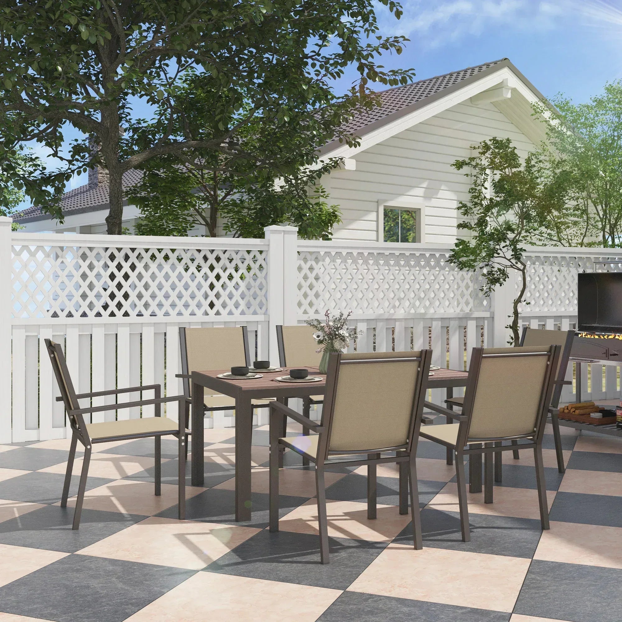 Seven-Piece Garden Dining Set, with Plastic Wood-Top Table - Brown - Bobobiy