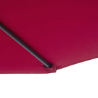 Wine-red parasol canopy corner with stitched fabric and curved support strut