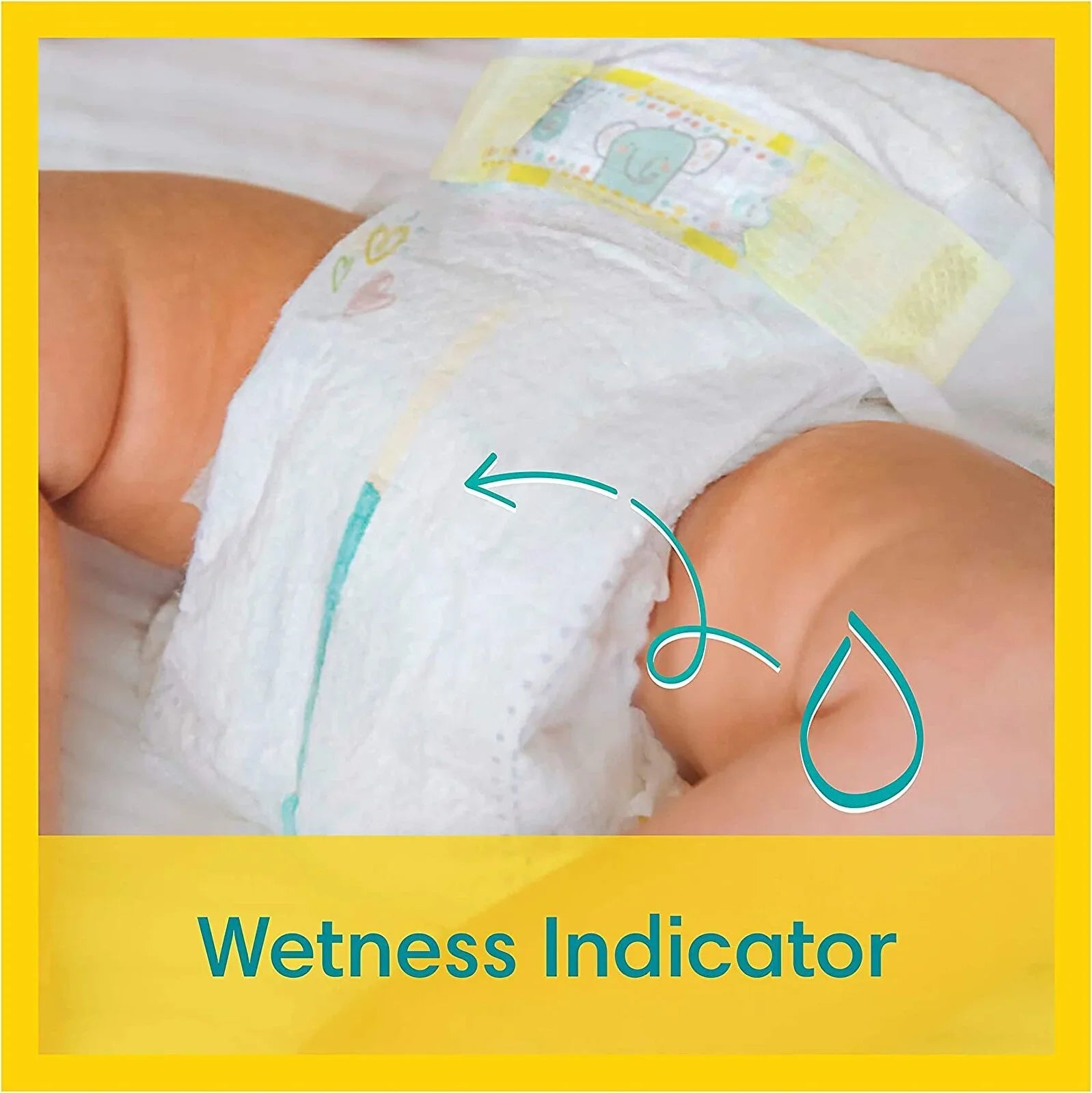Newborn diaper showing teal wetness indicator window near the abdomen