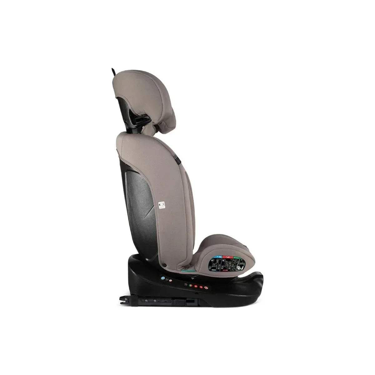 Child car seat side profile with brown headrest and grey padding over the harness