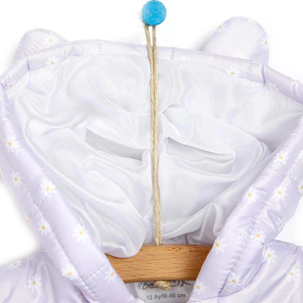 Lilac hooded baby vest with daisy print lining, front quilting, and zipper center