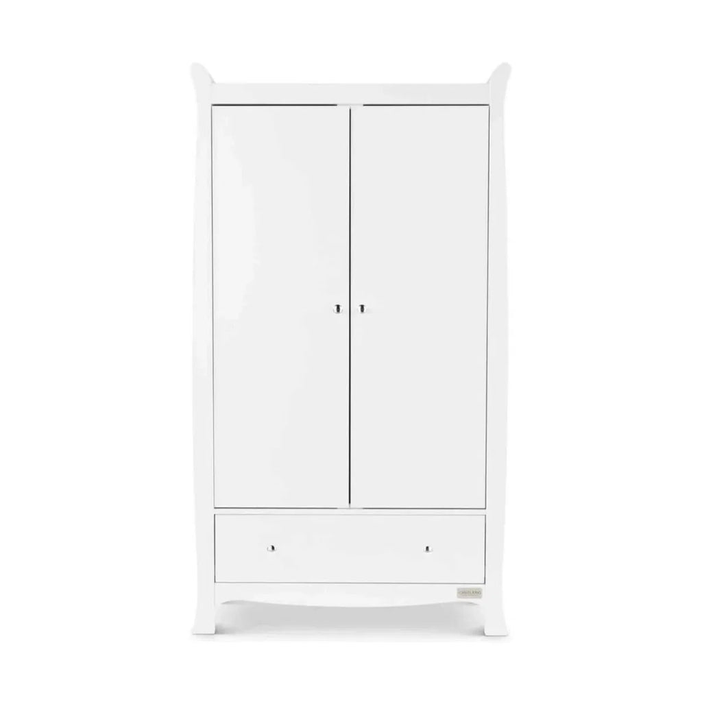 White wardrobe with two-panel doors and small pull hardware at bottom