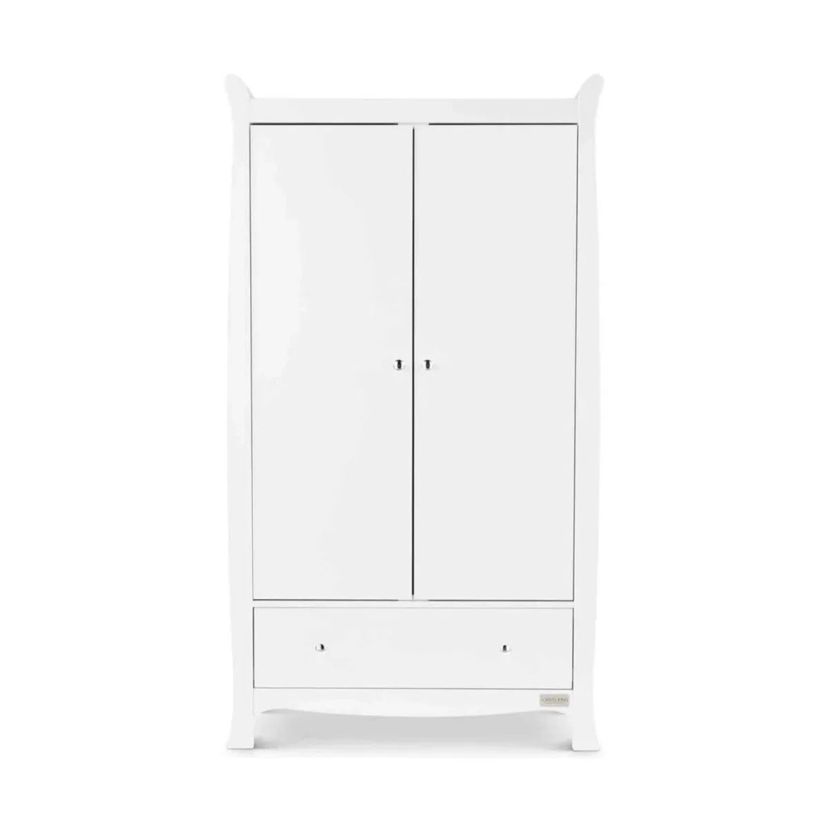 White wardrobe with two-panel doors and small pull hardware at bottom