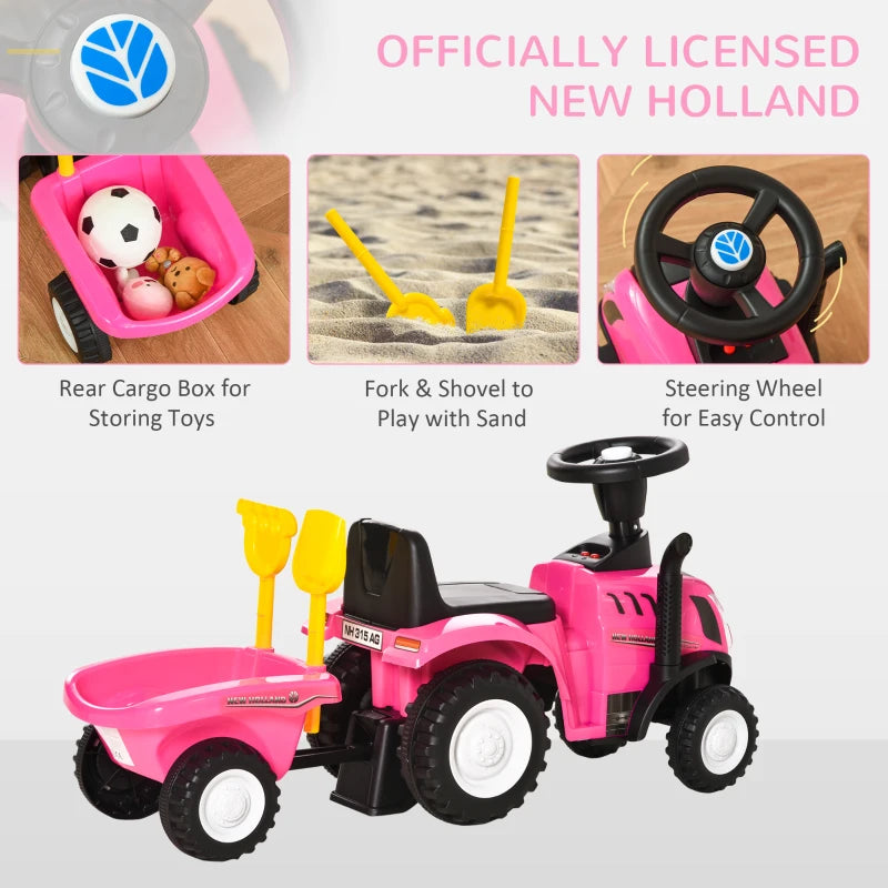 Pink ride-on tractor toddler walker with fork-shovel play, cargo box, and steering wheel