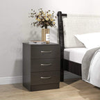 Dark nightstand with three drawers and curved metal bar handles, flat top deck.